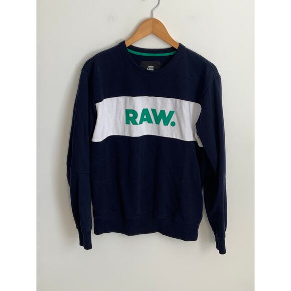 GStar Raw Sweatshirt Mens Medium Blue Spellout Colorblock Crew‎ Neck Pullover - Picture 1 of 5